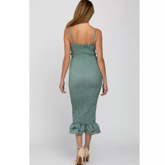 Pinkblush Mable Green Gingham Smocked Fitted Self-Tie Maternity Midi Dress S - Picture 4 of 11